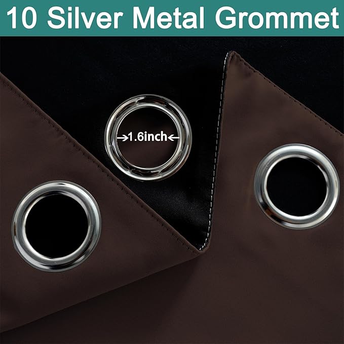Yakamok 100% Blackout Curtains for Bedroom, 2 Thick Layers Thermal Insulated Grommet Total Blackout Drapes with Black Liner for Living Room (62Wx96L,Chocolate Brown, 2 Panels)
