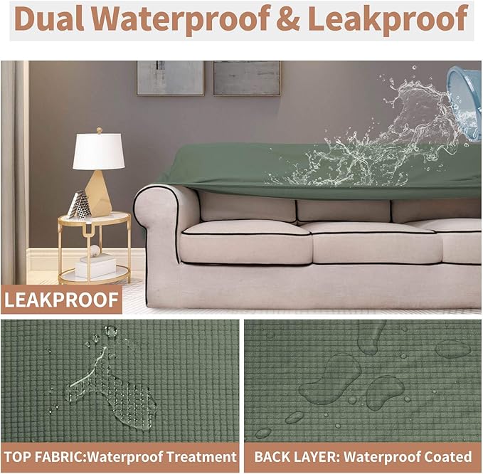 Easy-Going 100% Waterproof Couch Cover, Dual Waterproof Sofa Cover, Stretch Jacquard Sofa Slipcover, Leakproof Furniture Protector for Kids, Pets, Dog and Cat (Sofa, Grayish Green)
