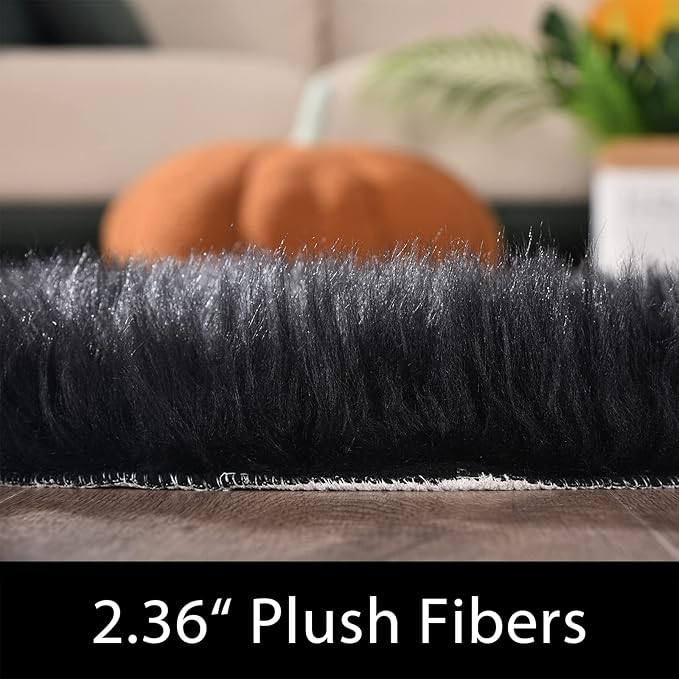 Latepis 2x8 Runner Black Faux Sheepskin Fur Rug Washable Shag Fluffy Rugs for Bedroom for Home Decor Rectangle