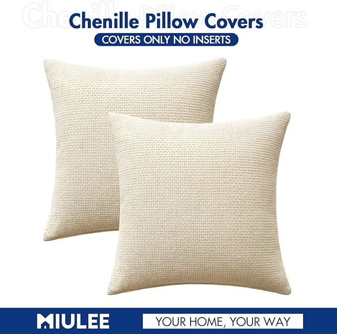 MIULEE Pack of 2 Couch Throw Pillow Covers 18x18 Inch Neutral Cream Modern Boho Accent Decorative Pillow Covers Soft Chenille Farmhouse Cushion Covers for Home Decor Bed Sofa Living Room