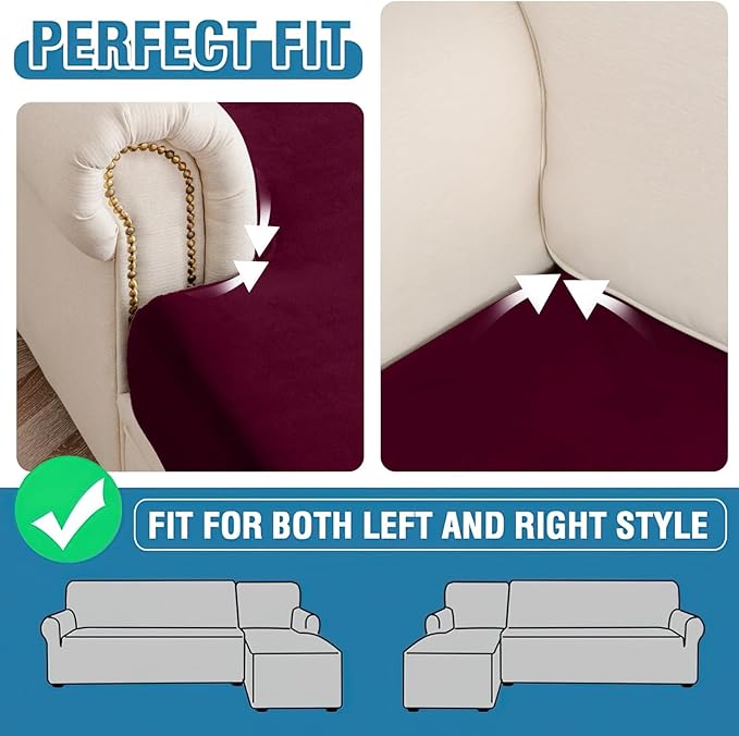 Couch Cover 8-Piece Elastic Velvet Couch Cushion Covers & Chaise Slipcovers for L-Shaped Sofas, Sofa Seat Covers Washable, Soft Cover for Couches (7 Seater + Chaise, Wine)