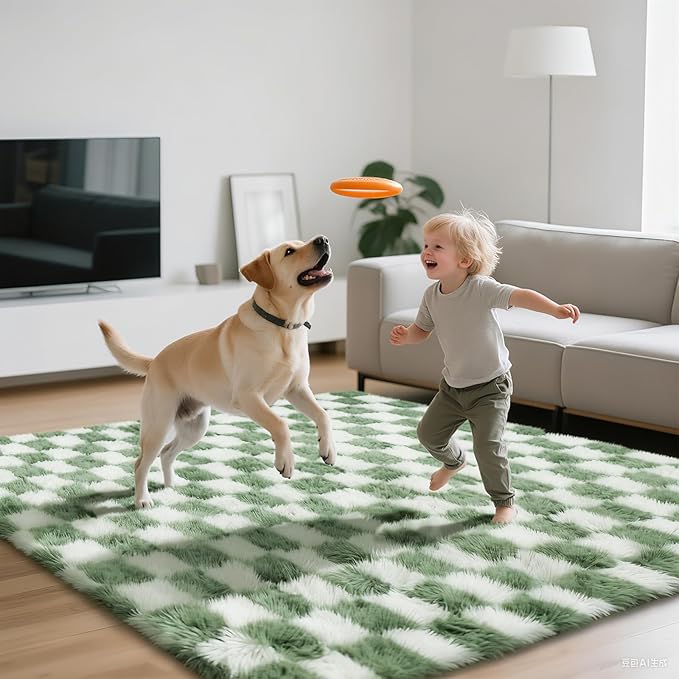 Large Area Rugs for Living Room Bedroom,9x12 Green and White Fluffy Soft Checkered Rug Fuzzy Shag Shaggy Carpet, Indoor Plush Floor Rugs for Kids Boys Girls Teen Dorm Nursery Home Decor