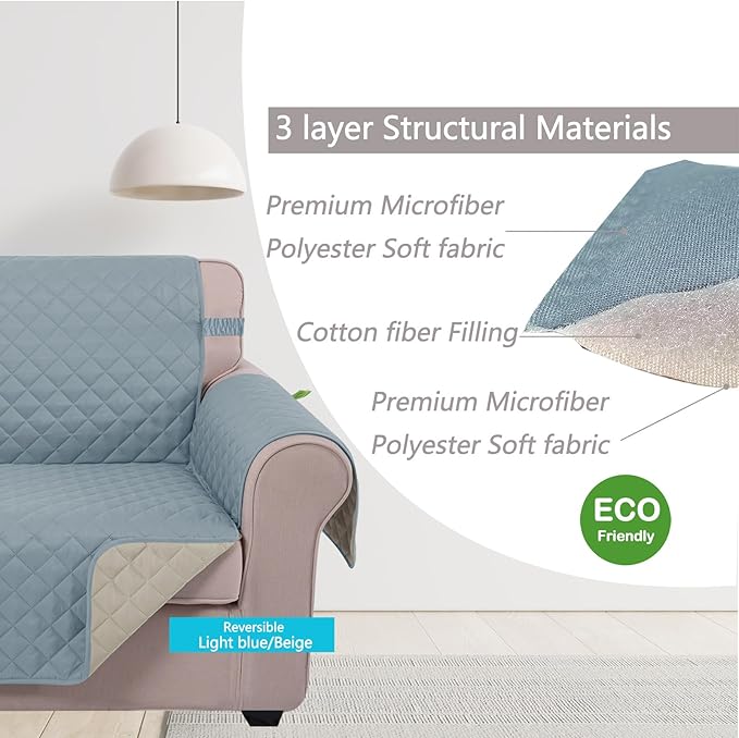 U-NICE HOME Loveseat Sofa Cover Reversible Couch Covers for 2 Cushion Couch for Dogs Furniture Protector Cover with Elastic Straps Water Resistant(Loveseat Small, Light Blue/Beige)