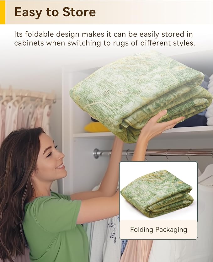 RELEANY Area Rugs Square 7ft Washable Non-Slip, Floral Vintage Distress Print Pattern Medallion Carpet for Living Room Bedroom Dining Room, Sage Green Yellow