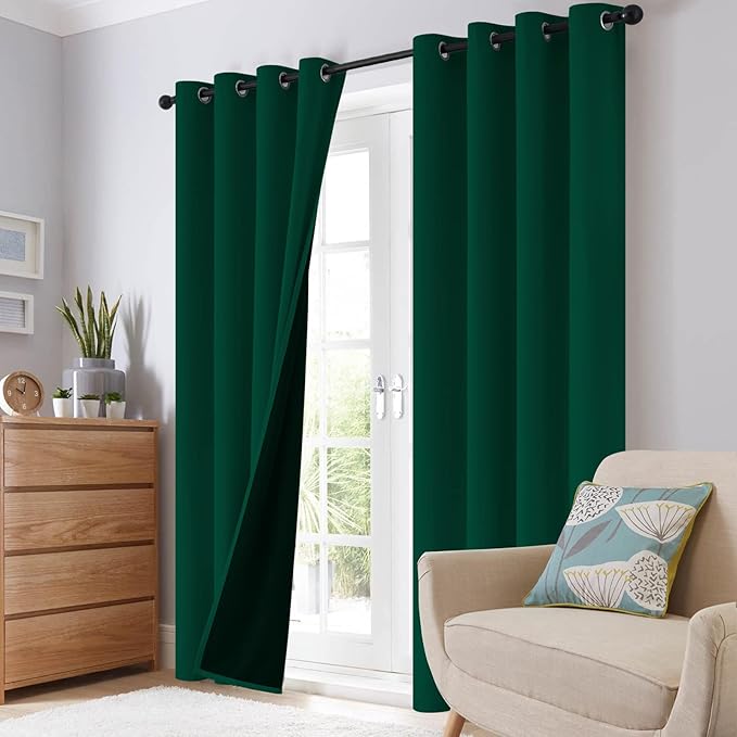 SimpleHome 100% Blackout Curtains for Bedroom,Thermal Insulated Grommet Window Drapes Room Darkening Dark Green Curtains for Living Room with Black Back,52 x 63 Inch,2 Panels
