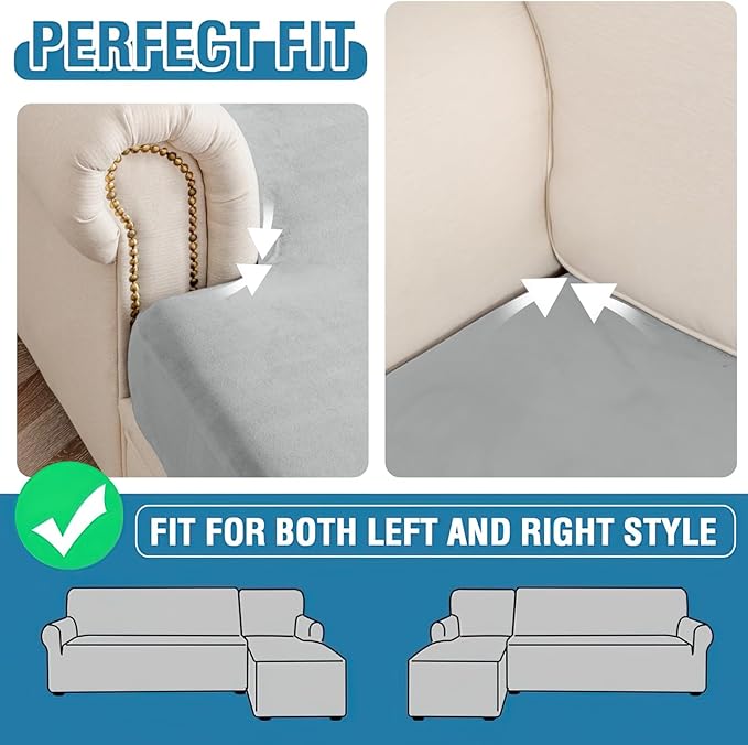 Couch Cover 6-Piece Elastic Velvet Couch Cushion Covers & Chaise Slipcovers for L-Shaped Sofas - Sofa Seat Covers Washable, Soft Protector for Couches (5 Seater + Chaise, Light Grey)