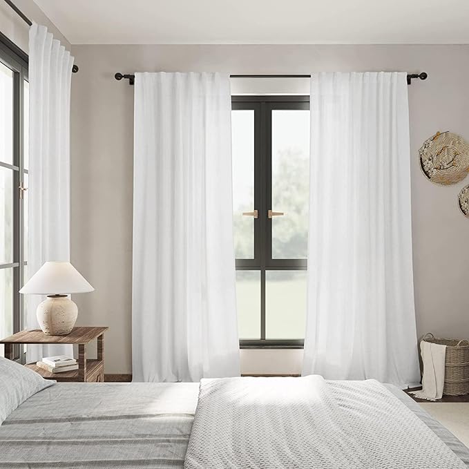 White Linen Curtains 108 Inches Long 2 Panels Set Back Tab Rod Pocket Semi Sheer Cotton Textured Light Filtering Extra Long Curtain Farmhouse High Ceiling Curtains for Living Room 9Ft 42x108