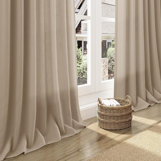 Sepia Beige Linen Curtains 102 Inches Long for Living Room Rustic Farmhouse Decor Light Filtering Semi Sheer Curtain Back Tab Neutral Modern Luxury Drapes for Bedroom Office 52x102, 2 Panels