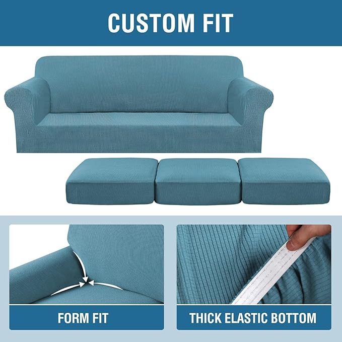 H.VERSAILTEX 4 Piece Stretch Sofa Covers for 3 Cushion Couch Covers for Living Room Furniture Slipcovers (Base Cover Plus 3 Seat Cushion Covers) Thicker Jacquard Fabric (Large Sofa, Storm Blue)