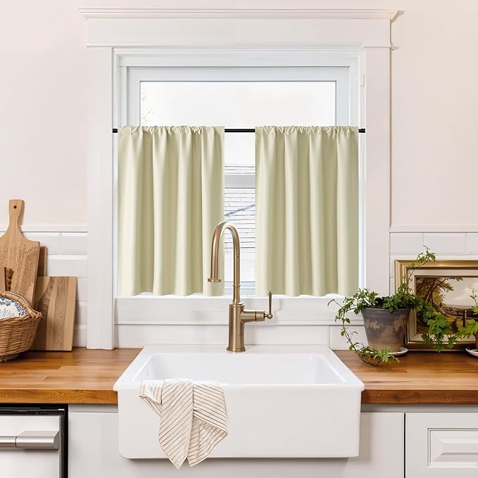 RYB HOME 100% Blackout Bathroom Curtains Over Sink 24 inches Long, Heat & UV Blocking Total Room Darkening Noise Reducing Curtains for Basement RV Campers, Beige, 2 Panels Set