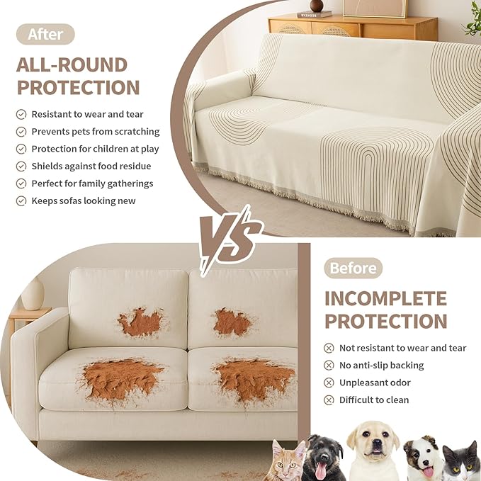 Boho Sofa Covers for 2 Cushion Couch, Chenille Sofa Slipcover for Pets Washable, L-Shape Sectional Loveseat Cover Soft Throw Blankets with Tassels(71x102,Arc Beige)