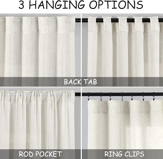 Nanspring Cream Linen Curtains 63 Inch for Bedroom Natural Semi Sheer Light Filtering Boho Curtains Back Tab and Rod Pocket Panels for Living Room 34 x 63 Inch, 2 Panels