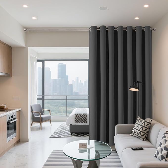 Joydeco Blackout Patio Sliding Door Curtains 90 Inches Long, Grommet Privacy Room Divider Curtains, Extra Wide Thermal Blackout Drapes for Bedroom Living Room (Grey, 60Wx90L, 1 Panel)