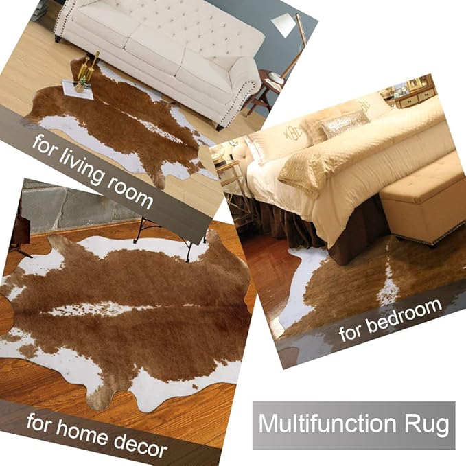 AROGAN Premium Faux Cowhide Rug 4.6 x 5.2 Feet, Sturdy and Large Size Cow Print Rugs, Suitable for Bedroom Living Room Western Decor, Faux Fur Animal Cow Hide Carpet, Brown