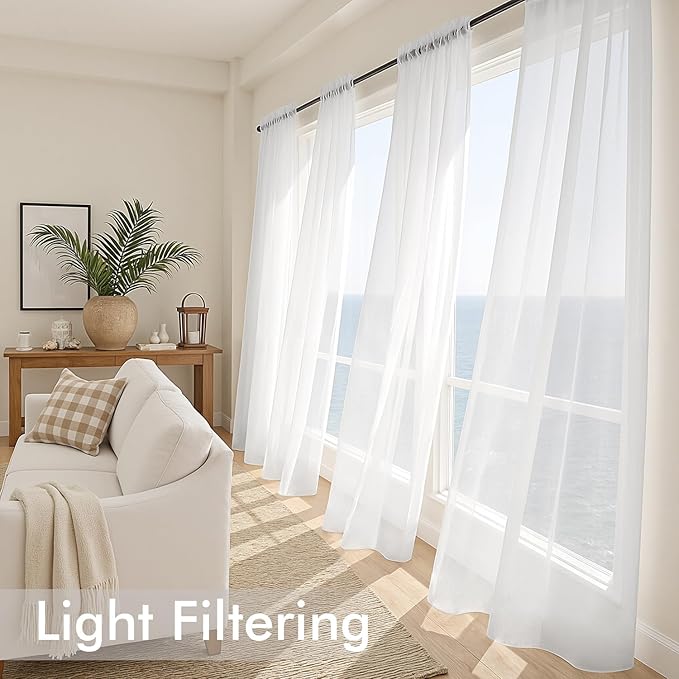MIULEE White Sheer Curtains 98 Inches Long, 4 Panels Set, Light Filtering Voile Rod Pocket Drapes, Airy Soft Fabric Window Treatments for Living Room and Bedroom, 42 x 98 Inches