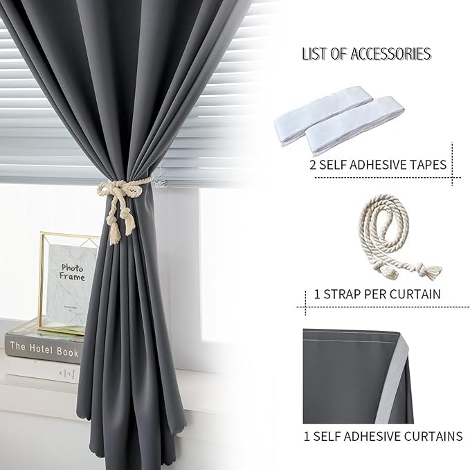 Magic Tape Stick On Curtains Window Shades Pull Down Blackout Window Cover Blackout Curtains for Bedroom No Drillng Self Adhesive Curtains No Rod Small Curtain, 47" W X 59" L, Grey, 1 Panel