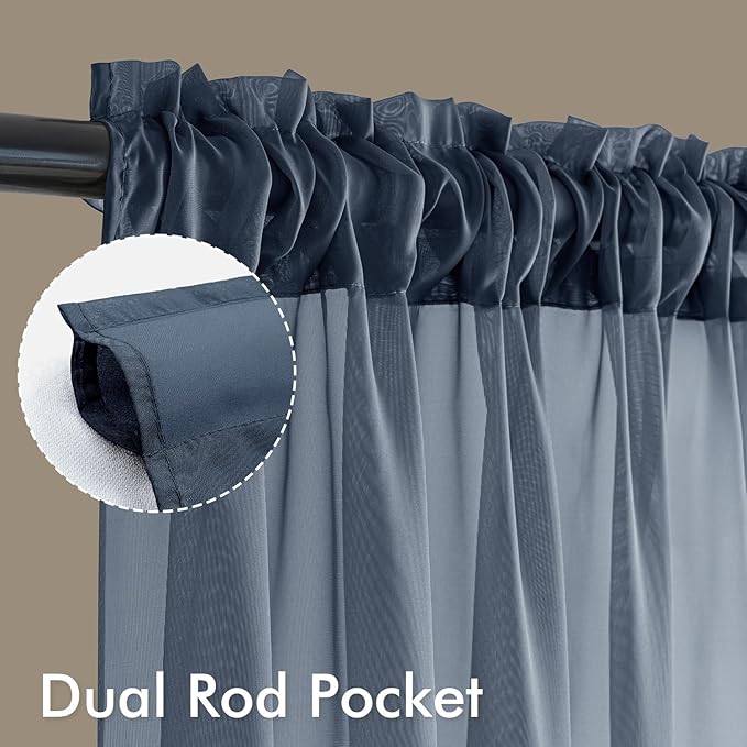MIULEE Navy Blue Sheer Curtains 90 Inches Long, 4 Panels Set, Light Filtering Rod Pocket Voile Drapes Window Treatments, Semi Transparent Airy Fabric for Bedroom and Living Room, 42 x 90 Inches