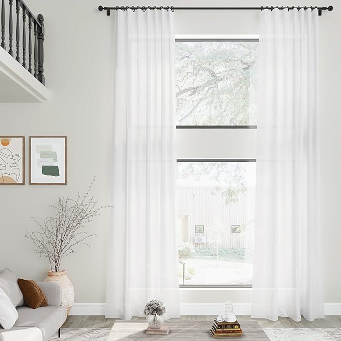Nanspring Linen White Curtains 2 Panels Set Back Tab Light Filtering Semi Sheer Drape Extra Long for Living Room Modern Farmhouse Decor Linen Textured Curtain for Floor to Ceiling Window 52x228
