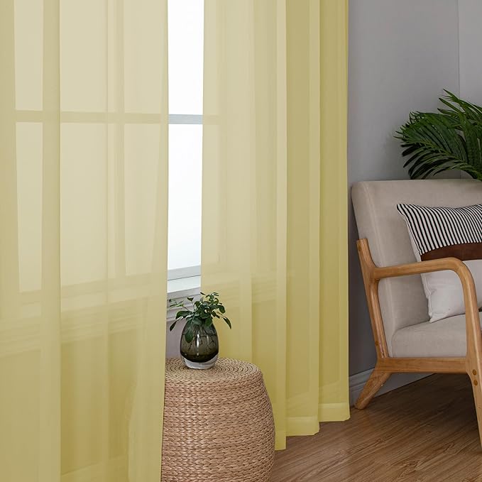 Chyhomenyc Mustard Yellow Sheer Curtains 63 Inches Long, Light Filtering Window Sheer Curtain Panel Drapes, Elegant Rod Pocket Soft Voile for Bedroom Living Room, Each 42Wx63L Inches, 2 Panels
