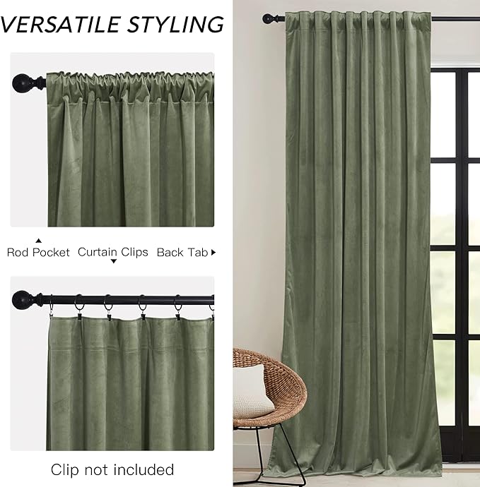 RYB HOME Sage Green Velvet Curtains 108 inch, Room Darkening Super Soft Velvet Drapes for Living Room Thermal Insulated Pleat Tapes Window Treatment for Bedroom Playroom, W52 x L108 inch, 2 Panels