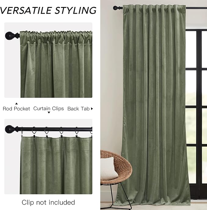 RYB HOME Sage Green Velvet Curtains with Hook Tape, Thermal Insulated Privacy Protect Decorative Drapes for Home Theater, W 42 x L 84 inches, 2 Panels Set