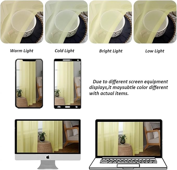 Chyhomenyc Short Sheer Curtains 30 inch Length 2 Panels - Light Filtering Voile Rod Pocket Window Curtians for Bathroom Living Room Farmhouse Small Windows, 42Wx30L inches, Light Yellow