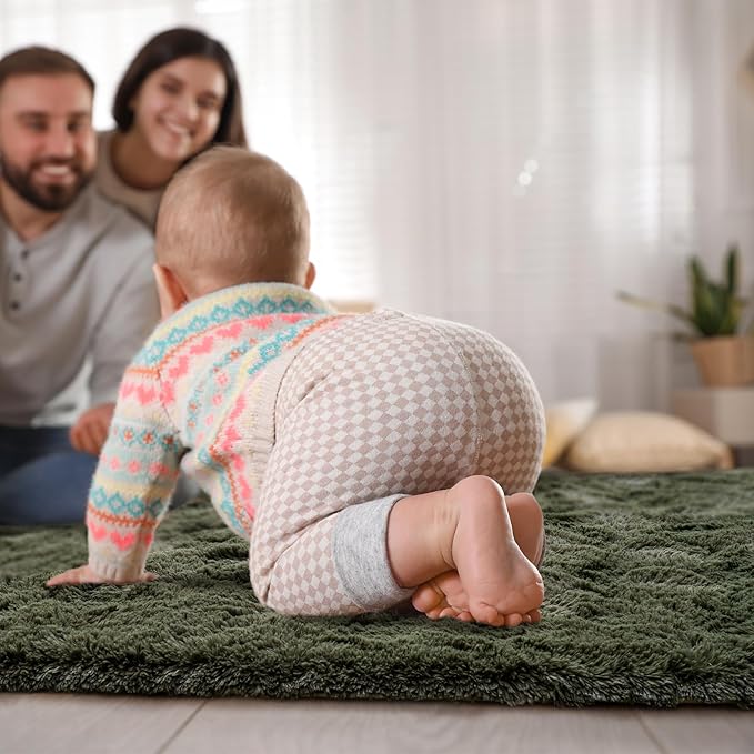 Goideal Fluffy Rug for Bedroom Living Room, 3x5 Olive Green Area Rugs, Faux Fur Shag Modern Carpet Ultra Soft Girls Boys Room Home Decor, Solid