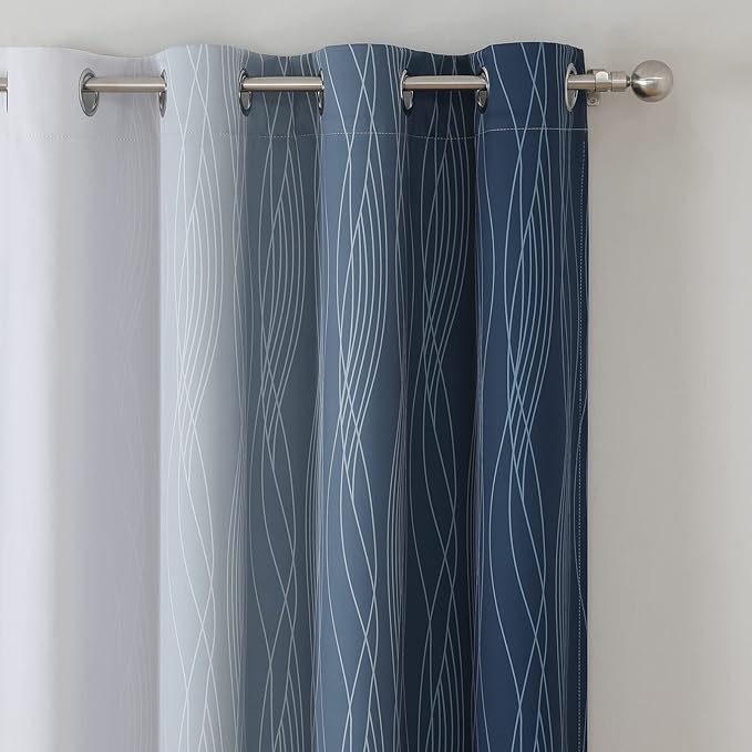 Estelar Textiler Full Room Darkening Greyish White and Navy Blue Blackout Curtains 54 Inch Length 2 Panels Set,Ombre Thermal Insulated Full Light Blocking Grommet Blackout Drapes for Kitchen,52Wx54L