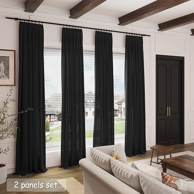 Black Linen Curtains 90 inches Long for Bedroom Back Tab Light Filtering Privacy Sheer Black Curtains Modern Farmhouse Coastal Decor Black Cotton Textured Gauze Curtain 2 Panel Set 38x90