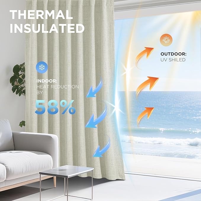 Joydeco Blackout Curtains for Bedroom - 120 Inch Long 100% Light Blocking 2 Panels Beige Drapes, Thermal Insulated Room Darkening Curtains, Linen Textured for Living Room, Rod Pocket & Back Tabs