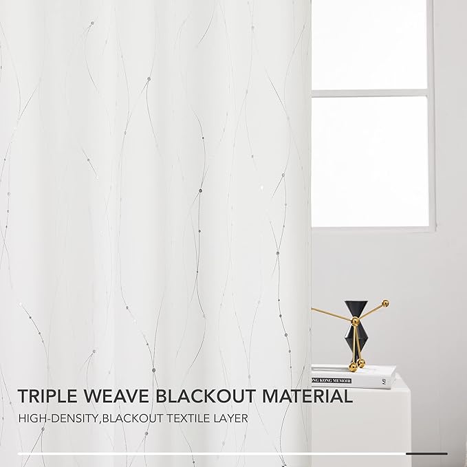 Deconovo White Curtains, Room Darkening Curtain, Thermal Insulated Soundproof Drapes, Wave Dots Silver Print, 42 x 72 Inch Long, Grommet Top, Window Panels for Living Room Bedroom Nursery, Set of 2