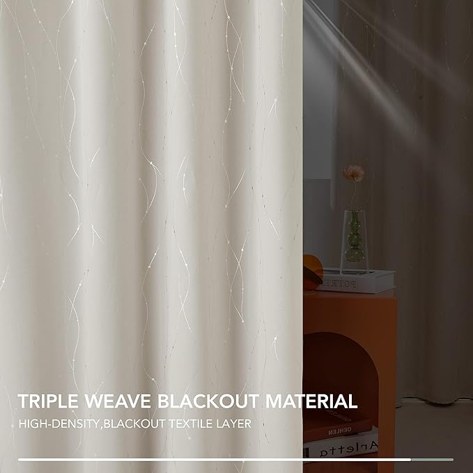 Deconovo Room Darkening Curtains, Light Beige Curtain, Thermal Insulated Noise Reducing Drapes, Silver Wave Dots Print, 42 x 54 Inch Long, Machine Washable Window Panels for Kitchen Nursery, Set of 2