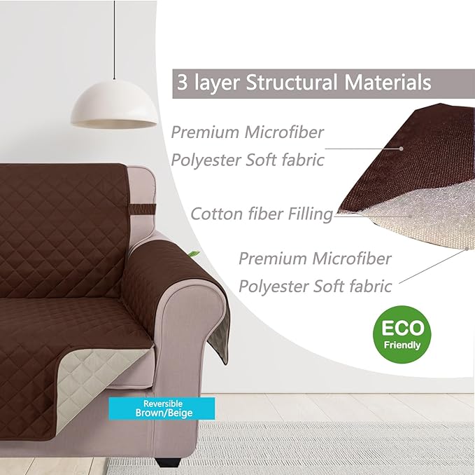 U-NICE HOME Reversible Oversized Chair Covers Quilted Water Repellent Pet Protectors with Elastic Straps(28''Armchair, Brown/Beige)