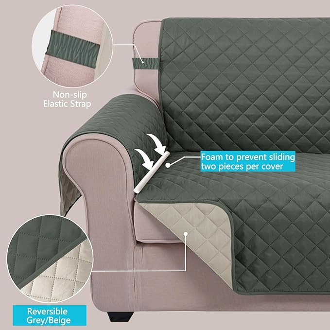 U-NICE HOME Loveseat Sofa Cover Reversible Couch Cover for Dogs Pets with Elastic Straps Water Resistant Furniture Protector for 2 Cushion Couch (Loveseat, Grey/Beige)