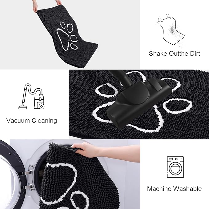 Smiry Dog Door Mat for Muddy Paws, Absorbent Dirt Trapper Non Slip Quick Dry Washable Chenille Mat for Mud Dogs, Entry Rug for Indoor and Outdoor (70x35 Inches, Black and White)