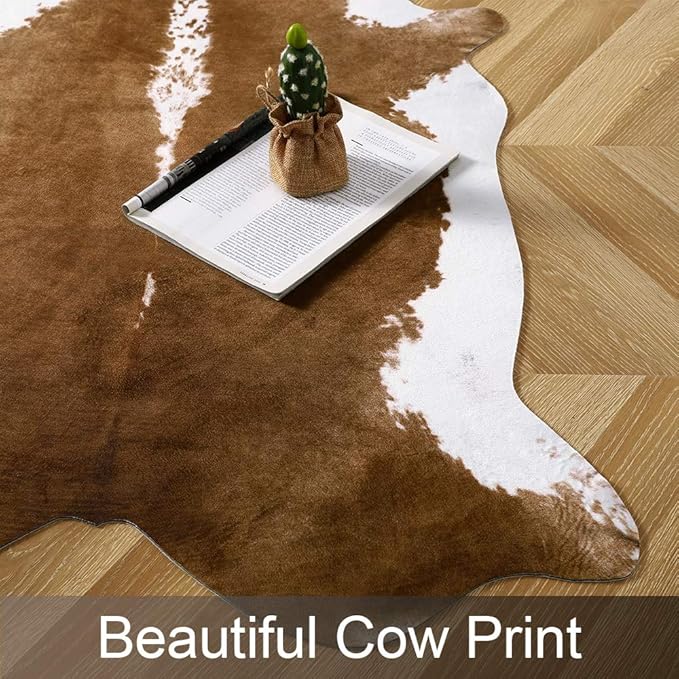 AROGAN Faux Cow Print Rug Large (6ft x 7ft) - Cow Print Area Rug with No-Slip Backing, Large Animal Skin Rugs for Living Room, Offfice, Room Decor, Brown