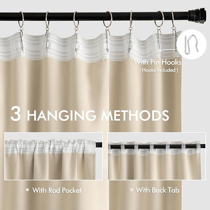 MIULEE Cream Beige Back Tab Light Blocking Curtains 132 Inch Length 2 Panels Set for Living Room Bedroom Privacy, Rod Pocket/Pinch Pleat Thermal Insulated Room Darkening Pleated Blackout Drapes