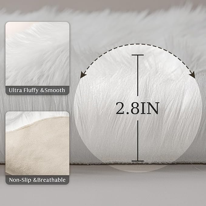 Ashler Faux Fur Rug, Fluffy Shaggy Area Rug Ultra Soft 2 x 6 Feet Sheepskin Fur Rug, Beige Fuzzy Rug Machine Washable Shag Rug, Nursery Decor Throw Rugs for Bedroom, Kids Room, Living Room