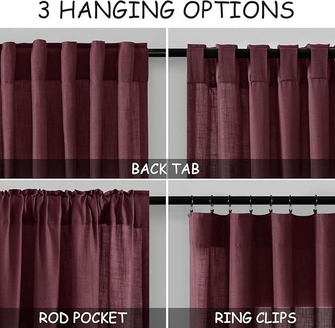 Nanspring Burgundy Linen Curtains for Living Room 100 Inches Long Light Filtering Semi Sheer Curtain Back Tab Vintage Boho Decor Elegant Luxury Drapes for Bedroom Dinner Room 52x100, 2 Panels