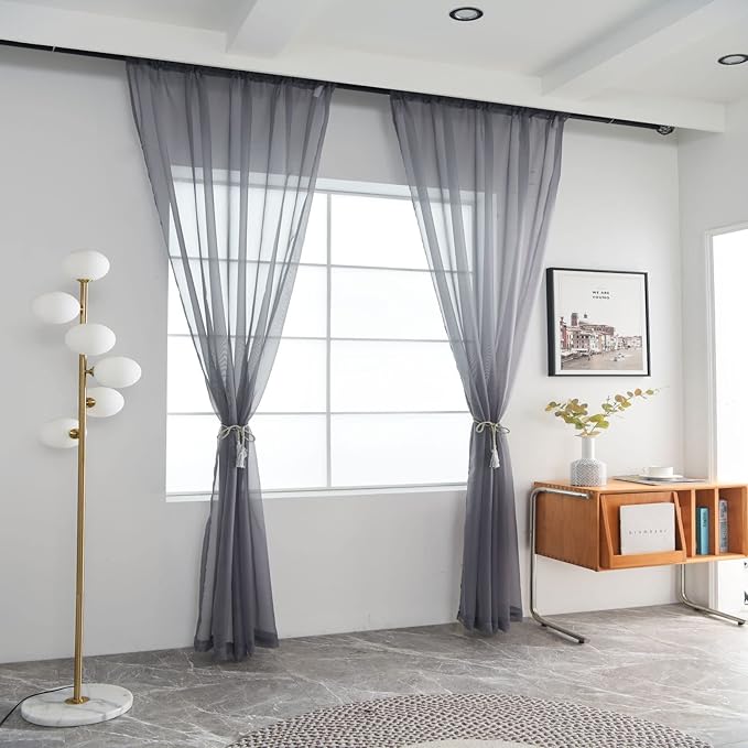 SpaceDresser Sheer Voile Window Treatment Rod Pocket Curtain Panels for Kitchen Bedroom Living Room Drapes Sunlight Filtering Privacy Semi Home Decor Assorted Colors Sizes (Grey, 52 W x 63 L)