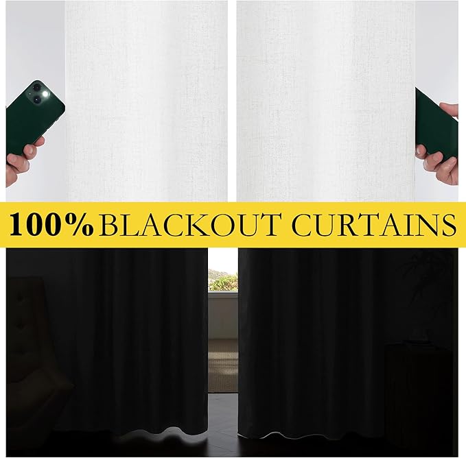 NICETOWN 100% Absolutely Blackout Linen Curtains with Thermal Insulated Liner, Greyish White, 62" Wide, 102" Length Energy Saving Curtains for Living Room 2 Panels Set, Vertical Blinds