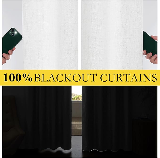 NICETOWN 100% Absolutely Blackout Linen Curtains with Thermal Insulated Liner, Greyish White, 62" Wide, 90" Length Energy Saving Curtains for Living Room 2 Panels Set, Vertical Blinds