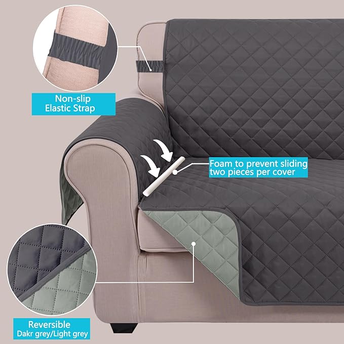 U-NICE HOME Reversible Oversized Chair Covers Quilted Water Repellent Pet Protectors with Elastic Straps(28''Armchair, Dark Grey/Light Grey)