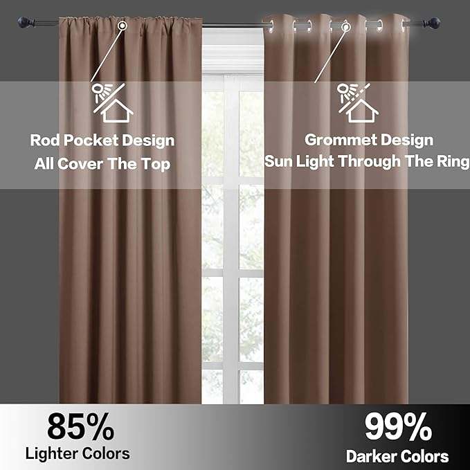RYB HOME Half Curtain Tiers 36 inch Length, Rod Pocket Summer Heat Blocking Thermal Insulated Short Blackout Curtains for Small Window, Width 34 by Length 36, Mocha, 2 Panels