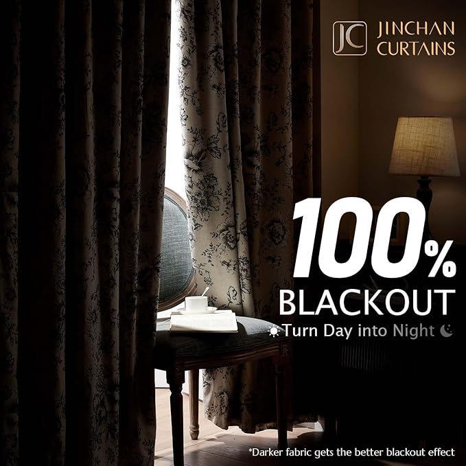jinchan Blackout Floral Curtains for Living Room Bedroom Linen Blend Curtain Farmhouse Black Printed with Lined Back Tab Rod Pocket Drapes Window Treatments 2 Panels 102 Inch