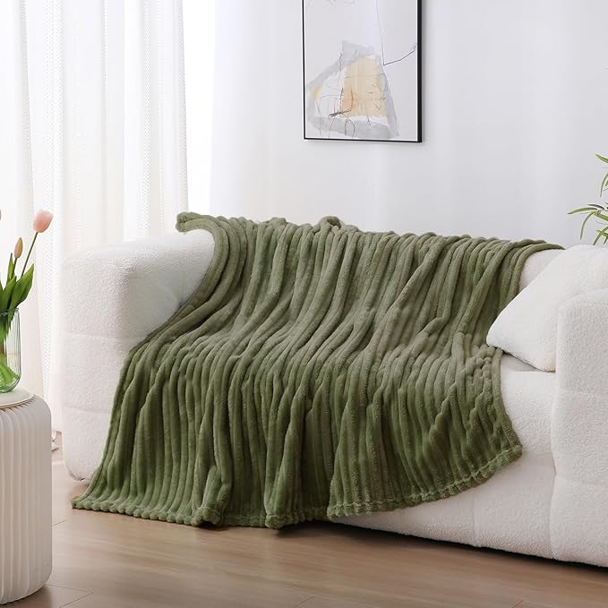 Olive Green Fleece Throw Blanket 60”×80” for Couch Sofa Bed,Super Soft Cozy Plush Microfiber Flannel Blanket with Stripes Design Lightweight for Adults,Woman,Girls