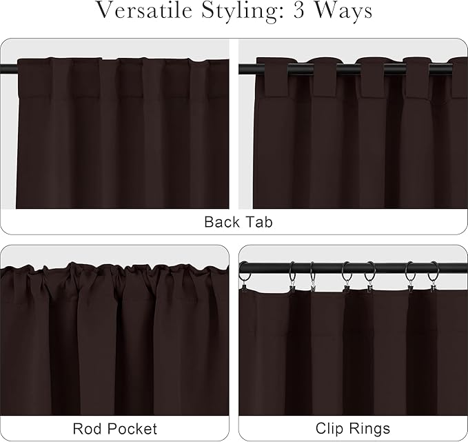 PONY DANCE Window Treatments Curtains - Blackout Drapery Thermal Insulated Curtain Panels with Back Tab Light Block for Bedroom Bathroom/Kitchen, 52 x 54 Inches, Brown, 2 Pieces