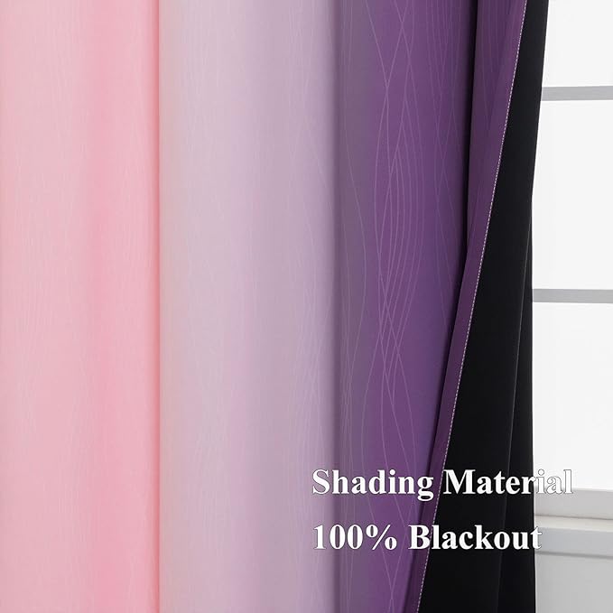 Estelar Textiler Ombre Pink and Purple Blackout Curtains 72 Inch Length 2 Panels, Full Light Blocking Curtains for Bedroom, Grommet Thermal Insulated Gradient Drapes for Living Room, 52x72 Inch