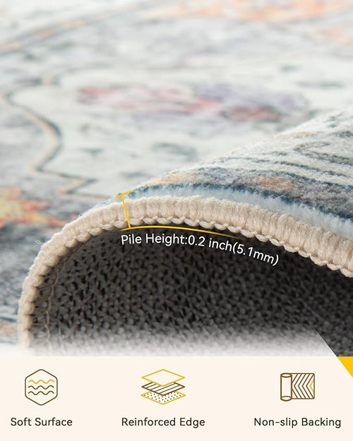 Area Rugs 3'x5' Washable Non-Slip, Floral Vintage Distress Print Pattern Medallion Carpet for Living Room Bedroom Dining Room, Light Yellow Carbon Grey Orange