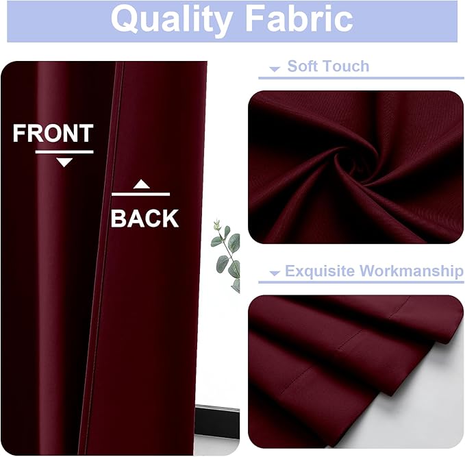 Simplebrand Ava Burgundy Blackout Curtains for Bedroom 72 Inch Length 2 Panels Set, Privacy Thermal Insulated Rod Pocket Window Curtains for Patio French Door Front Door, W40 x L72 Inch